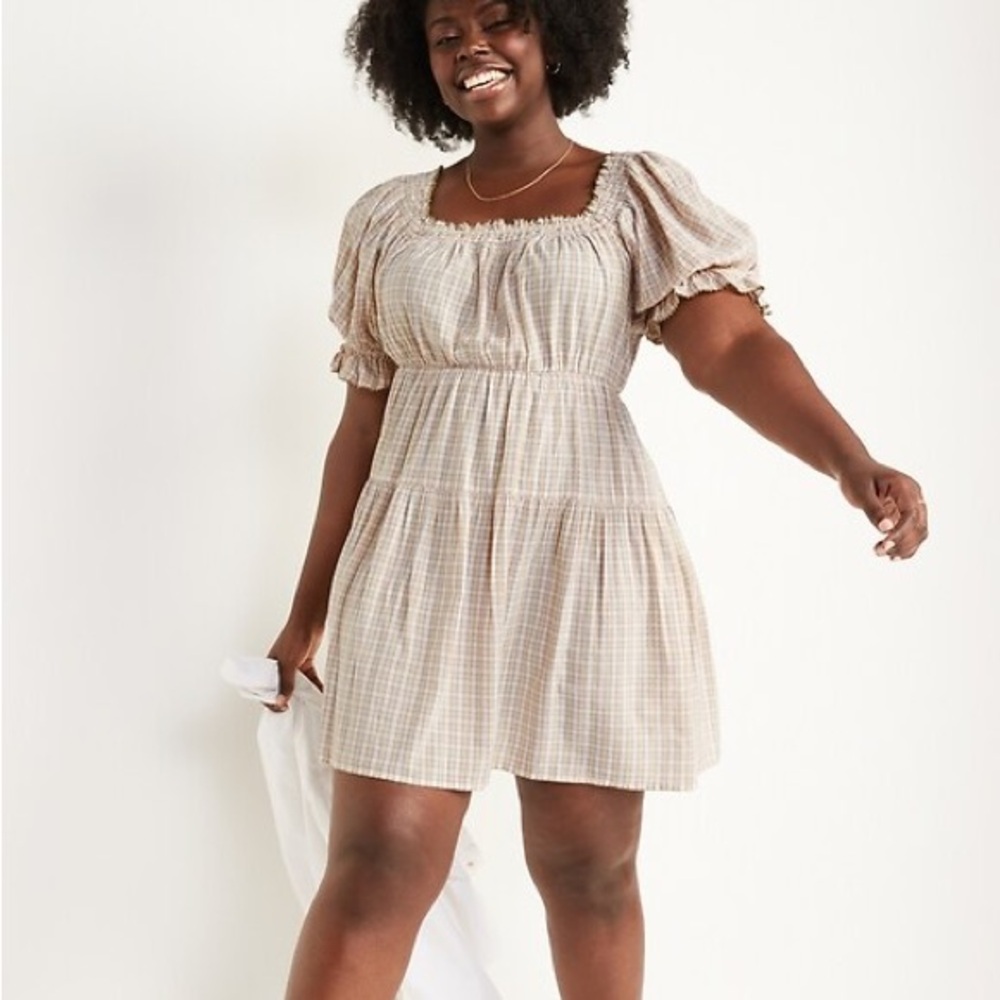 100% Cotton Puff-Sleeve Embroidered Tiered Mini Swing Dress